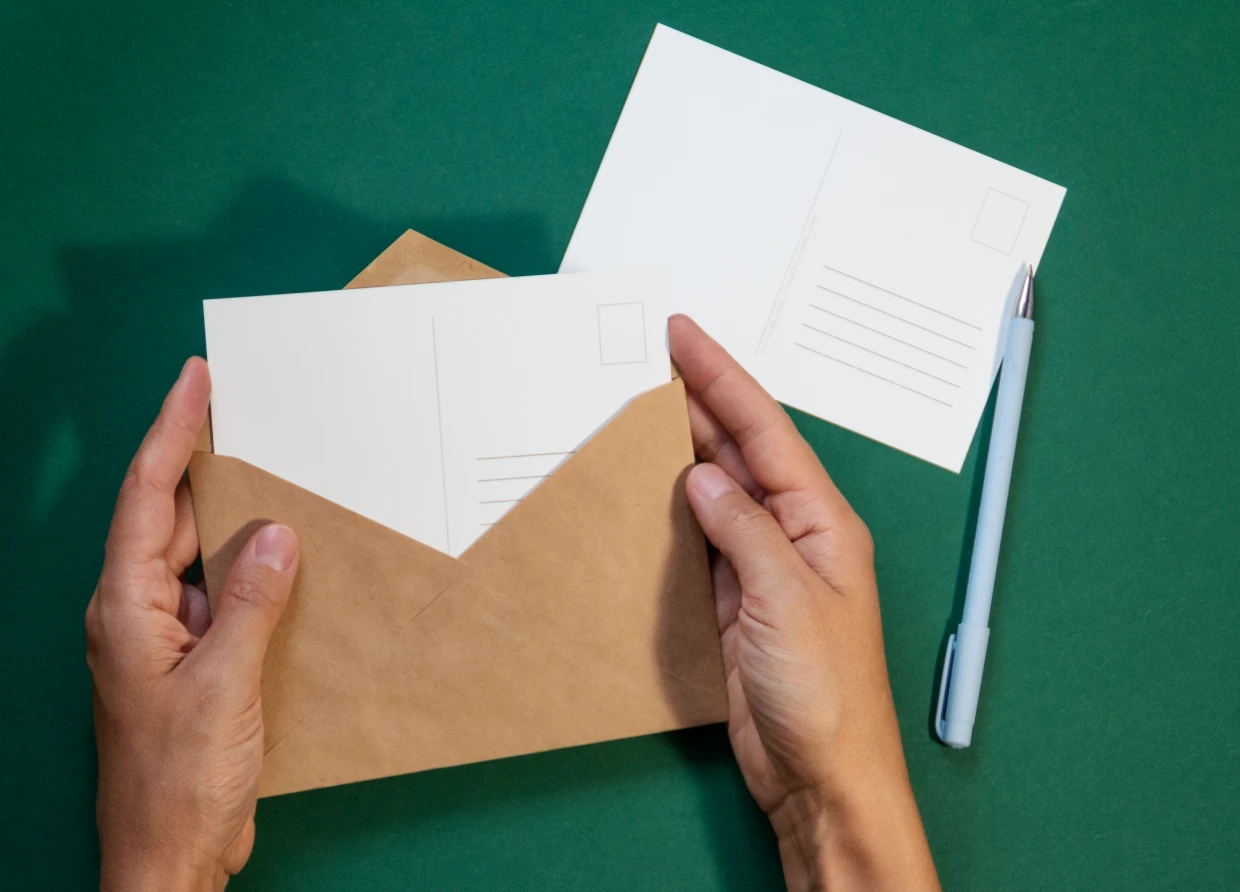 Hands holding envelope with postcards and pen.